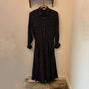 Vintage Garfinckel’s Black Geometric Print Silk Shirt Dress Size 10